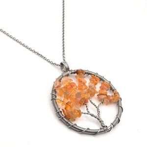 Tree of Life‎ Necklace Orange Agate Gemstone Wire Wrapped Pendant Silver Tone